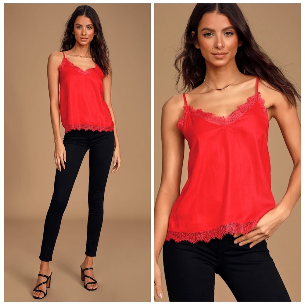 Lulus Red Lace Trim V Neck Cami Tank Top‎ Camisole Size M Holiday Valentines
